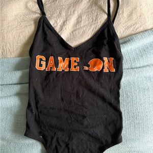 PINK Black Bodysuit with Orange 'Game On' Print